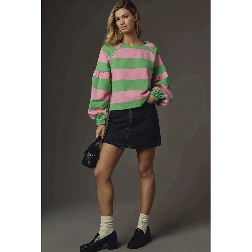 Maeve‎ ANTHROPOLOGIE Top SMALL Striped Balloon Sleeve Raglan Sweatshirt Rugby
